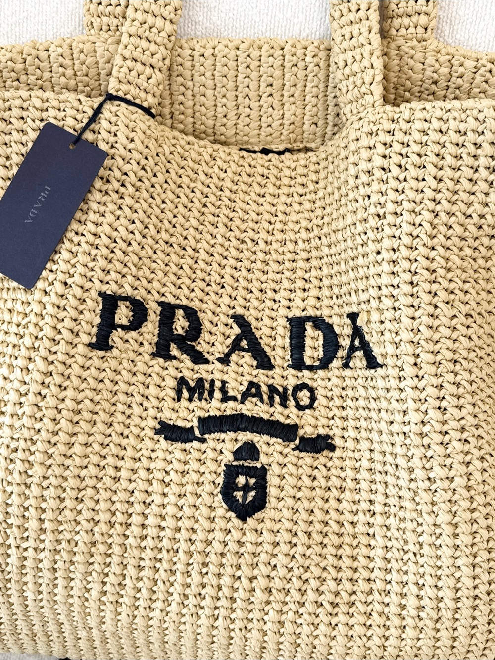 ✨NEW✨PRADA Yarn Raffia Effect Embroidered Logo Large Crochet Tote Bag - Natural - Picture 7 of 16